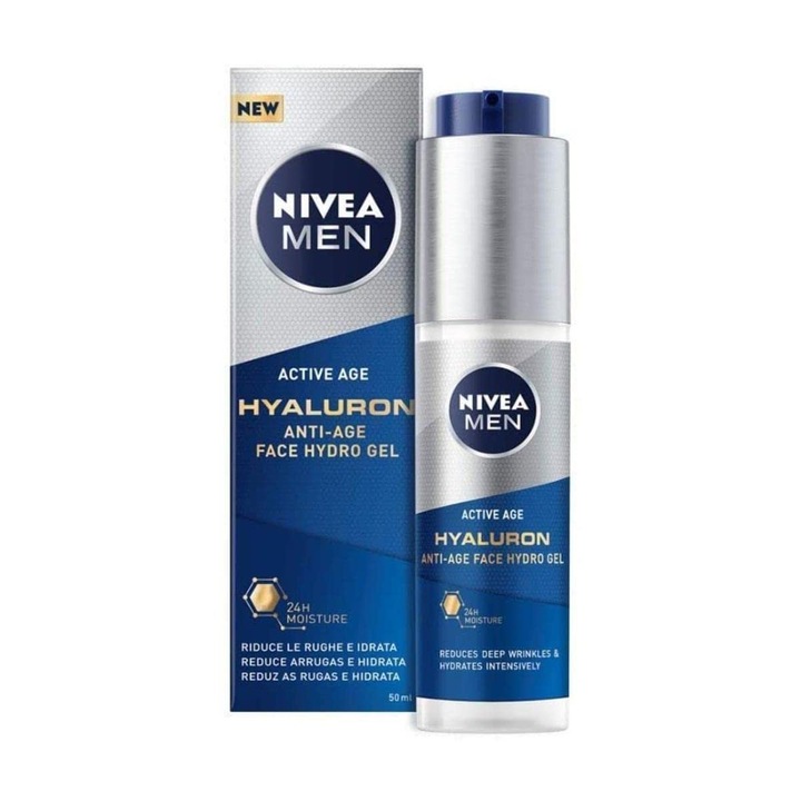 Хидратиращ гел за лице Nivea Men Anti-Age Hyaluron (50 мл), Хидратиращ крем за мъже с хиалуронова киселина и про-ретинол, видимо намалява дълбоките бръчки, овлажнява и укрепва кожата