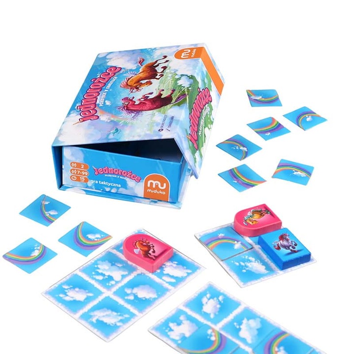 Társasjáték, Muduko, Unikornisok, párbaj a felhőkben, Gyerekeknek, 7 éves kor felett, 2 játékos, Játékidő 15 perc, Fa, Többszínű, A készlet 4 lapkát, 14 szivárványjelzőt, 6 fából készült gyalogot, 12 gyalogmatricát tartalmaz, Szabályoktatás