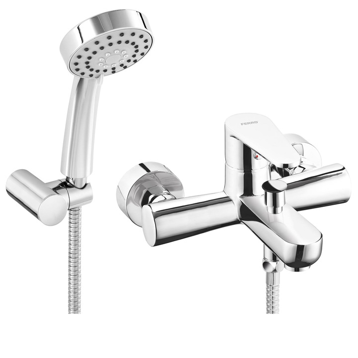 Baterie Ferro Algeo, Pentru cada/dus, Cu dus manual si furtun, 202x190 mm, Crom