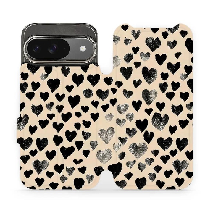 Husa flip Mobiwear pentru Google Pixel 9 / 9 Pro, design cu inimioare, multicolor, material din piele ecologica