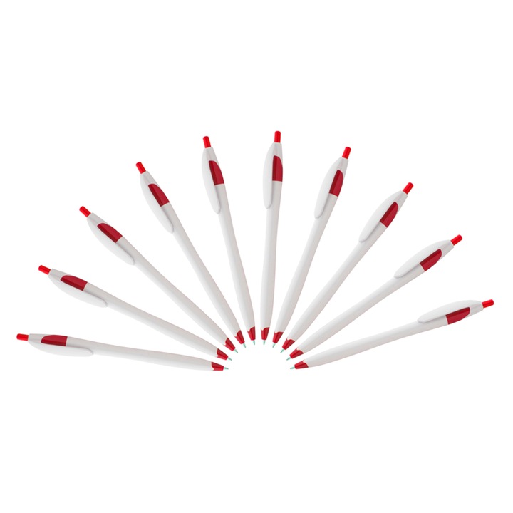 Комплект от 10 бр. Finball бяла пластмасова химикалка с бутон и червен връх, син писец