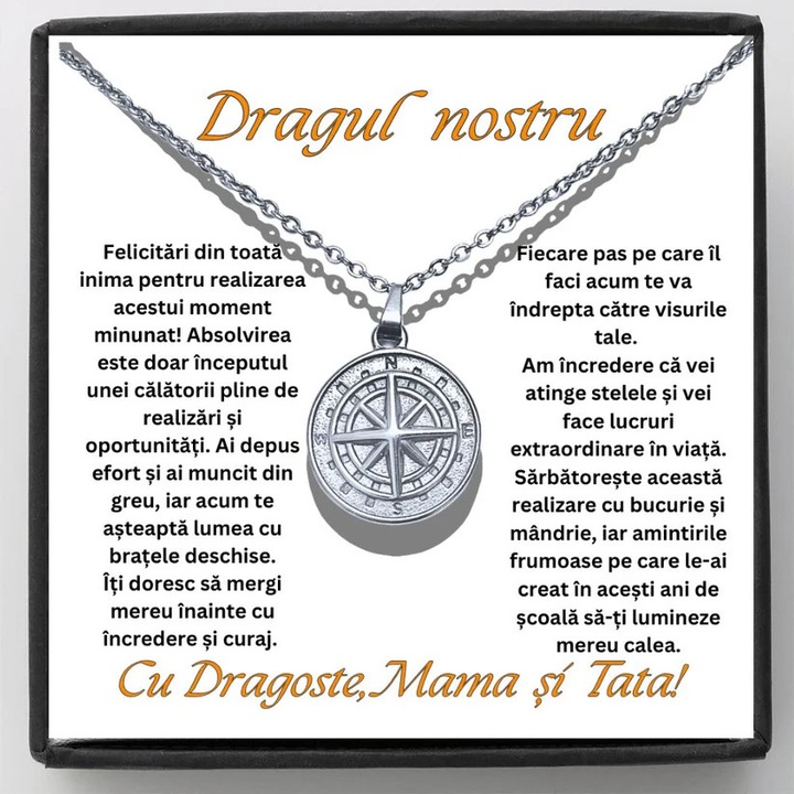 Iránytű medál, rozsdamentes acél, ballagási ajándékszett, 40-45cm, 1,5cm