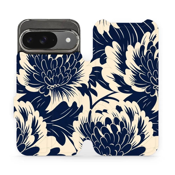 Husa flip pentru telefon Google Pixel 9 / 9 Pro, Mobiwear, albastra cu flori, material din piele ecologica, set 1 husa