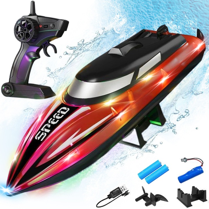 Barca cu telecomanda, Noonedibs, Racing Speed Boat Drift, LED, Distanta telecomenzii 100m, Viteza 10 km/h, 2.4GHz, rosu