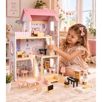 Casuta de Papusi din Lemn de Calitate, FantasyVilla Indiggo®, 3 Niveluri, 4 Camere, Terasa si Scara Interioara, Instalatie LED, 17 Piese de Mobilier, Pian inclus, Baie complet utilata, Inaltime 78cm, Dusty Pink