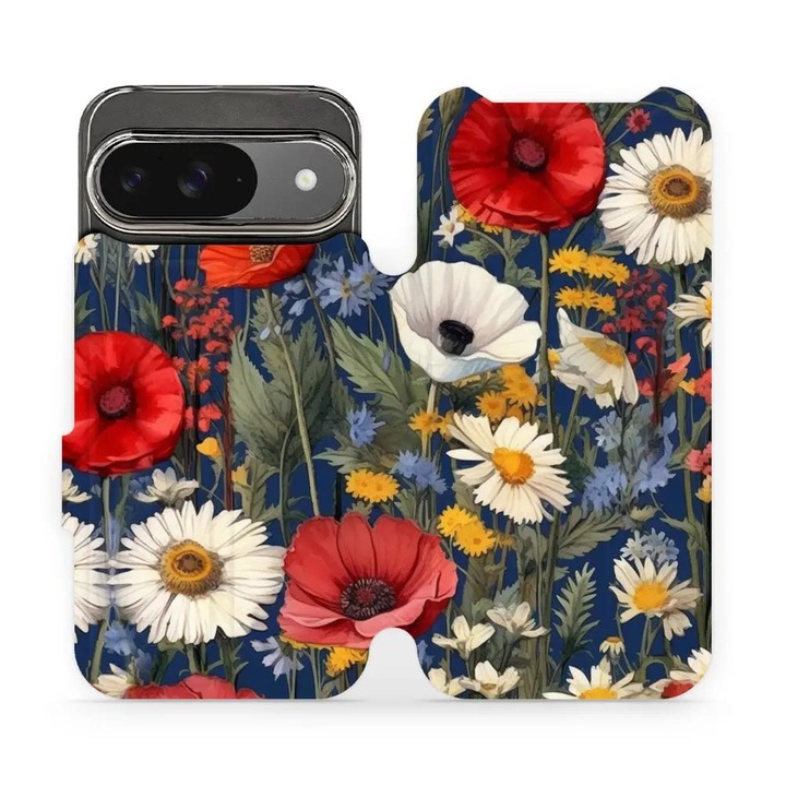Husa flip Mobiwear pentru Google Pixel 9 / 9 Pro, design floral, rezistent la socuri si zgarieturi, multicolor