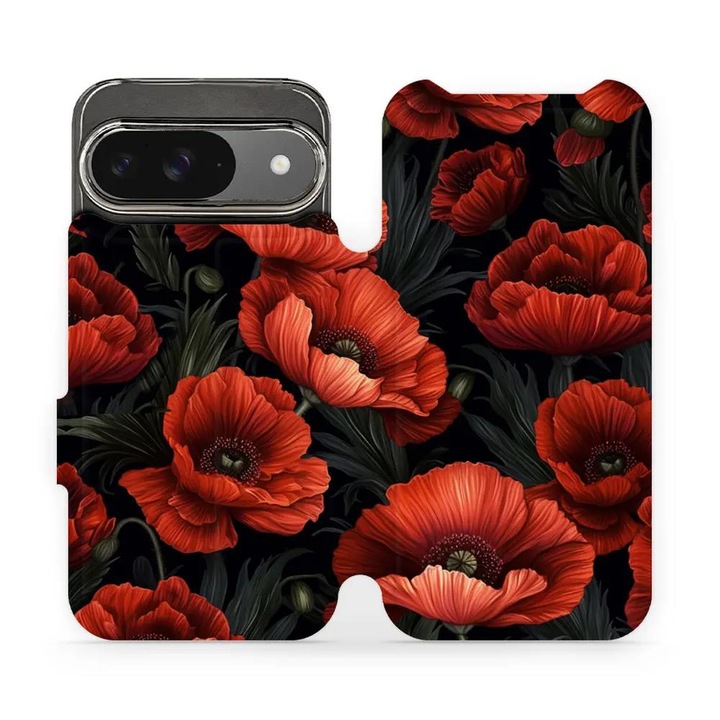 Husa flip Mobiwear pentru Google Pixel 9 / 9 Pro, rosie cu flori, protectie completa, suport integrat