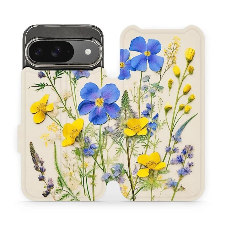 Husa flip pentru telefon Google Pixel 9 / 9 Pro, Mobiwear, design cu flori, albastra, material din piele ecologica
