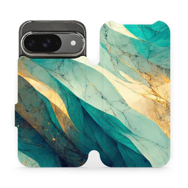 Husa flip Mobiwear pentru Google Pixel 9 / 9 Pro, mramor verde, rezistenta la socuri si zgarieturi, set 1 husa