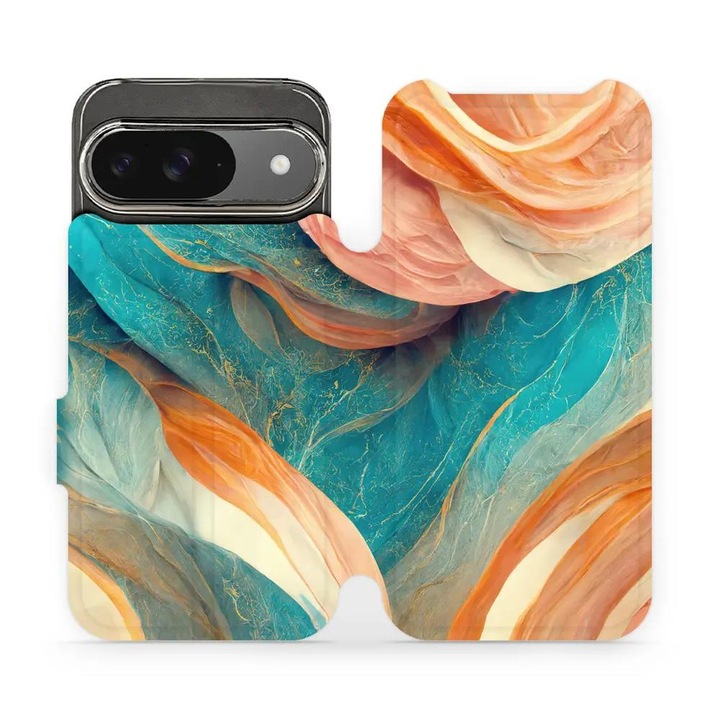 Husa flip Mobiwear pentru Google Pixel 9 / 9 Pro, mramor azur si portocalie, rezistenta la socuri si zgarieturi, dimensiuni 10x15x22cm