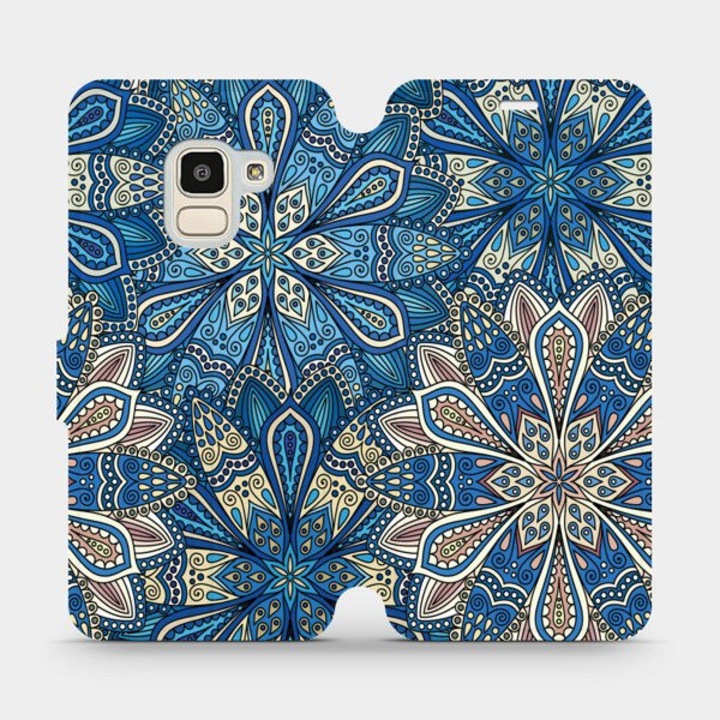 Husa flip Mobiwear pentru Samsung Galaxy J6 2018, design floral, albastra, piele ecologica