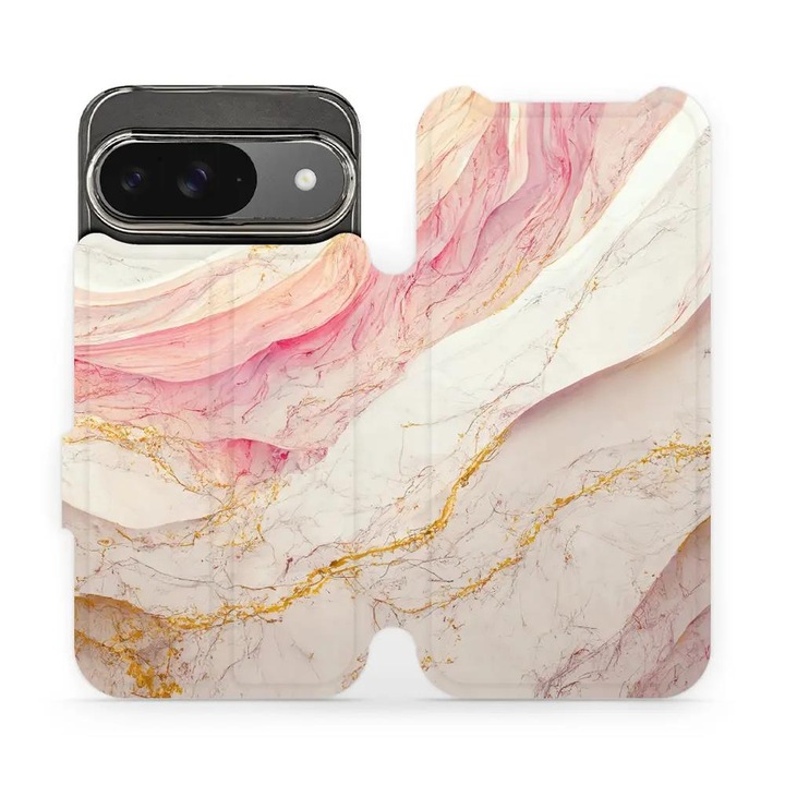 Husa flip Mobiwear pentru Google Pixel 9 / 9 Pro, mramor roz si auriu, design elegant, rezistent la socuri, multicolor