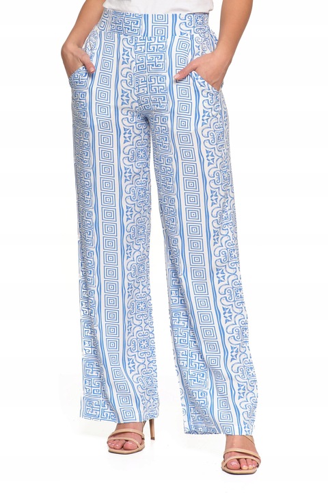Дамски панталон Moraj, широк прав, с елегантни мотиви, синьо-бял, от вискоза