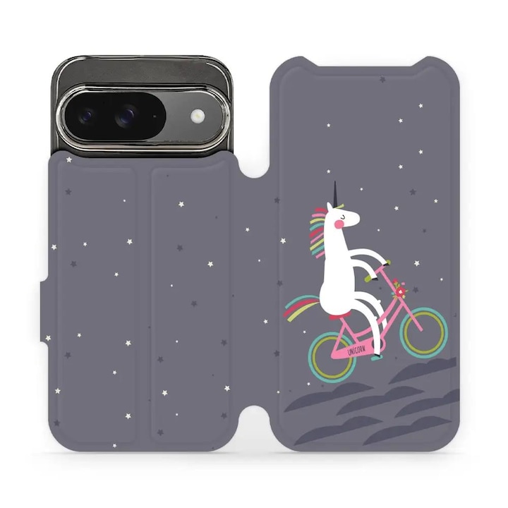 Husa flip Mobiwear pentru Google Pixel 9 / 9 Pro, design cu unicorni, rezistenta la socuri si zgarieturi, multicolor