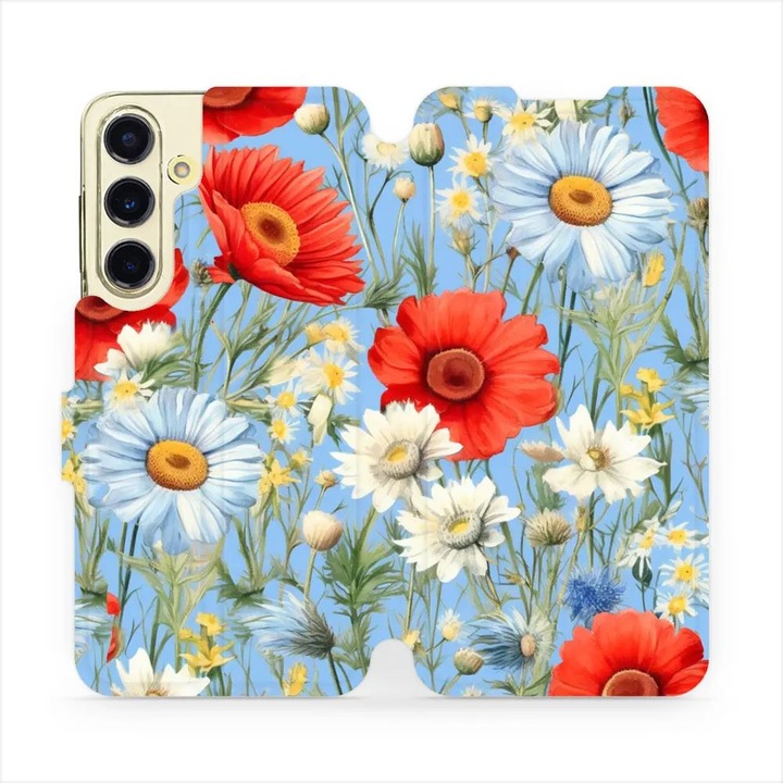 Husa flip Mobiwear pentru Samsung Galaxy S24 FE, design flori, multicolor, material piele ecologica