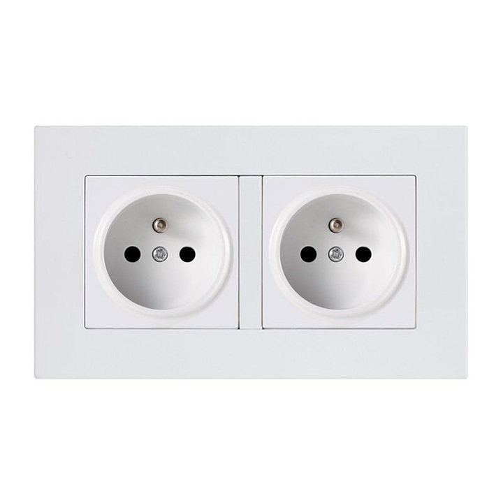 Priza dubla incastrata 2P+T 16A cu precablare, panou reglabil alb pentru compensarea neuniformitatilor peretilor