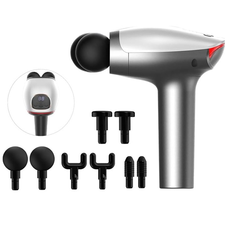 Miraza Gun típusú professzionális masszázsgép, 2 egyidejű fej, 10 állítható sebesség, 8 kiegészítő, nyakra, hátra, kézre, lábakra, cellulit elleni, LCD, csendes motor, szürke