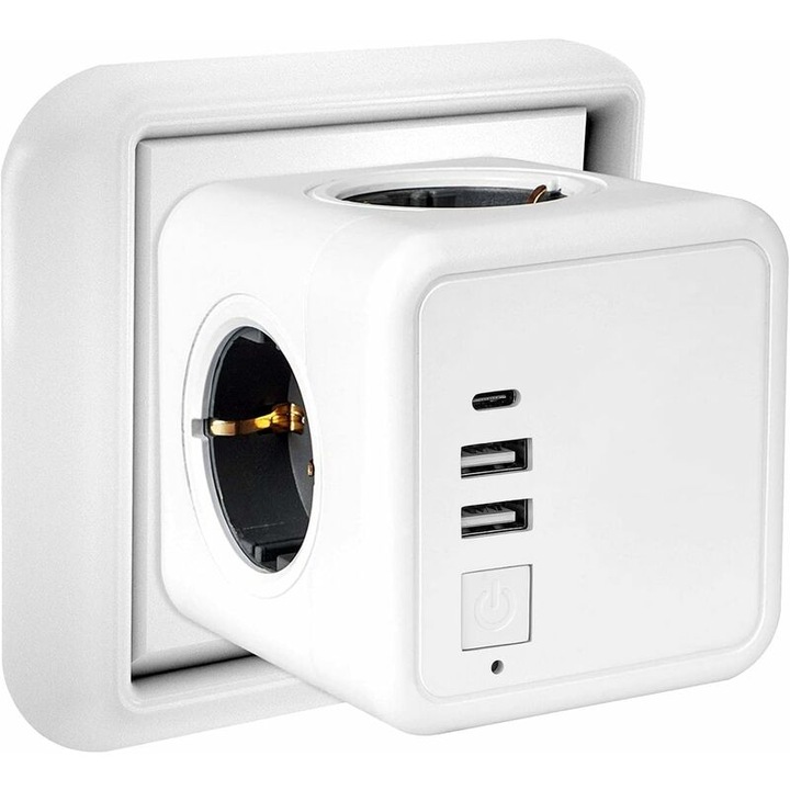 Convertor de priza de perete in stil european, tip Rubik's Cube, USB-A + Tip-C cu 4 pini, cu intrerupator, alb