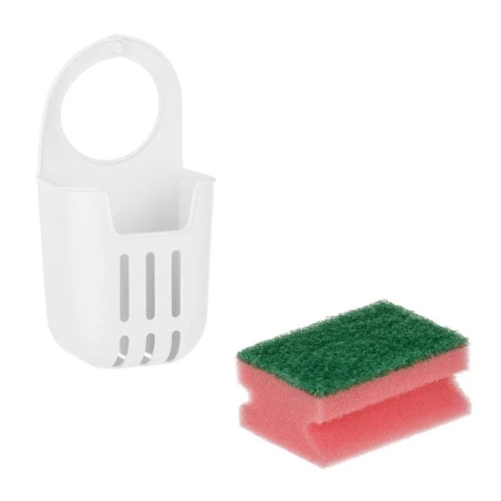 Suport din plastic colorat si burete pentru chiuveta, 8x4x17cm