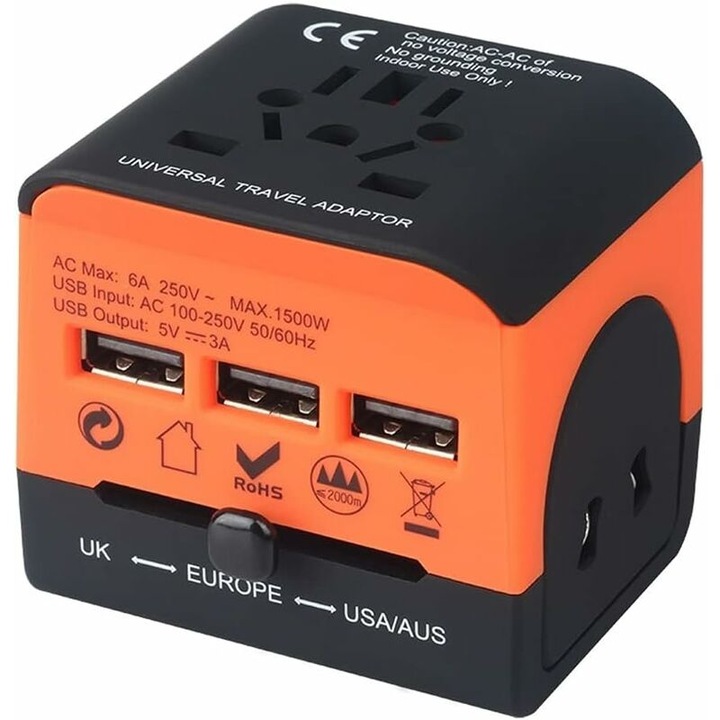 Adaptor universal de calatorie portocaliu si negru cu 3 porturi USB, priza interschimbabila pentru mai multe tari, potrivit pentru dispozitive digitale mici din peste 150 de tari