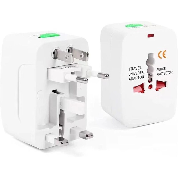 Adaptor universal de calatorie alb, multi-tara (Marea Britanie/SUA/Australia/Europa, 4 in 1, fara USB, 110-240V, cu siguranta)