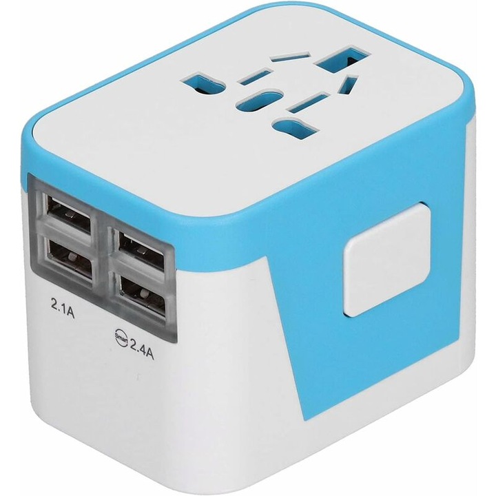 Adaptor de alimentare universal portabil albastru, conversie priza multi-tara, incarcare inteligenta prin USB, 100-240V cu sigurante duble