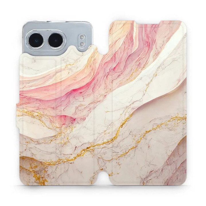 Mobiwear flip cover за OnePlus Nord 4 5G, розов и златен мрамор, елегантен дизайн, пълна защита
