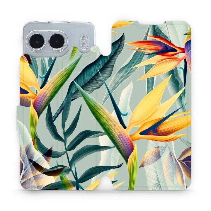 Mobiwear флип капак за OnePlus Nord 4 5G, големи жълти цветя и зелени листа, многоцветен, елегантен