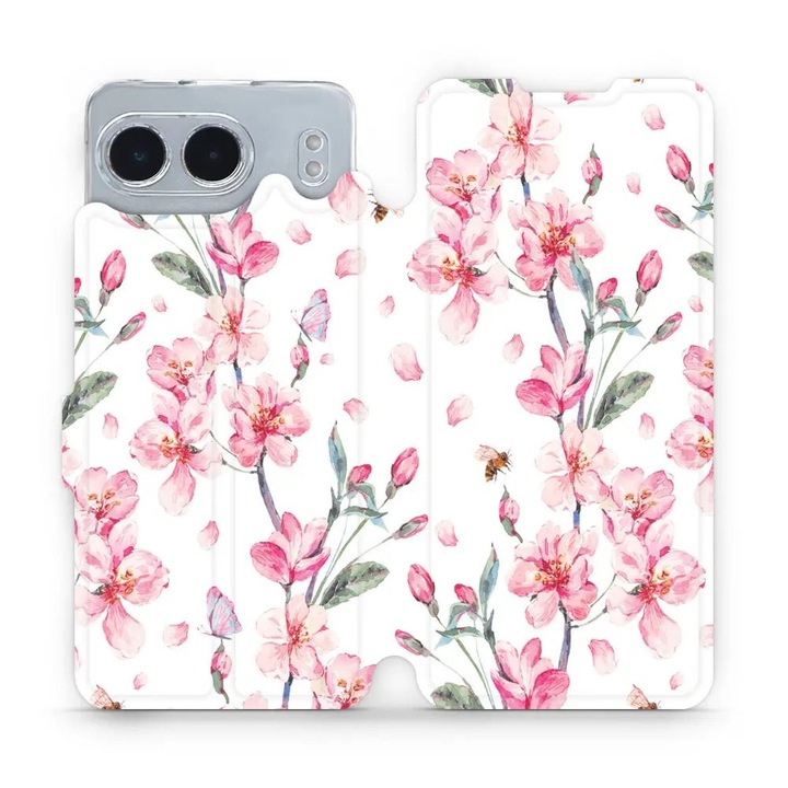 Mobiwear flip tok OnePlus Nord 4 5G telefonhoz, virágmintás, rózsaszín, környezetbarát anyag