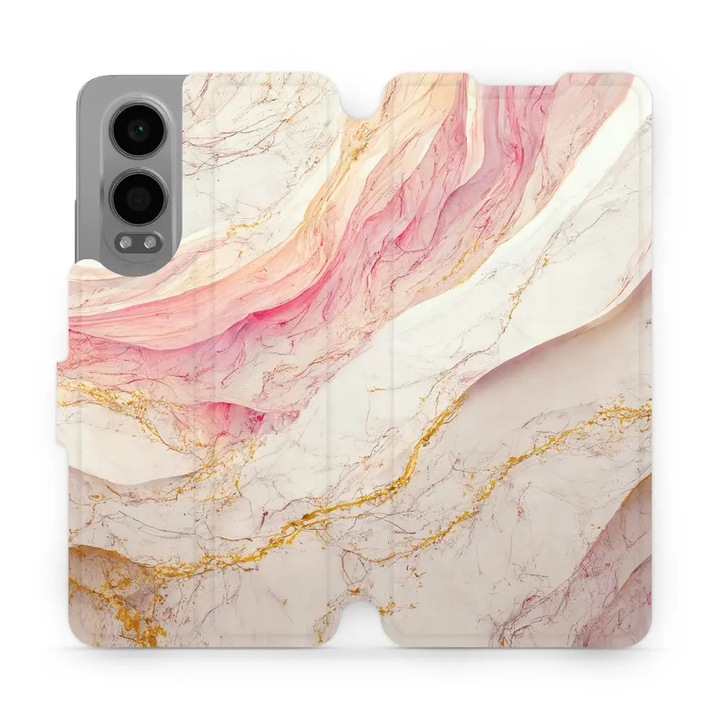 Mobiwear flip cover за OnePlus Nord CE 4 Lite 5G, розов и златен мрамор, елегантен дизайн, пълна защита