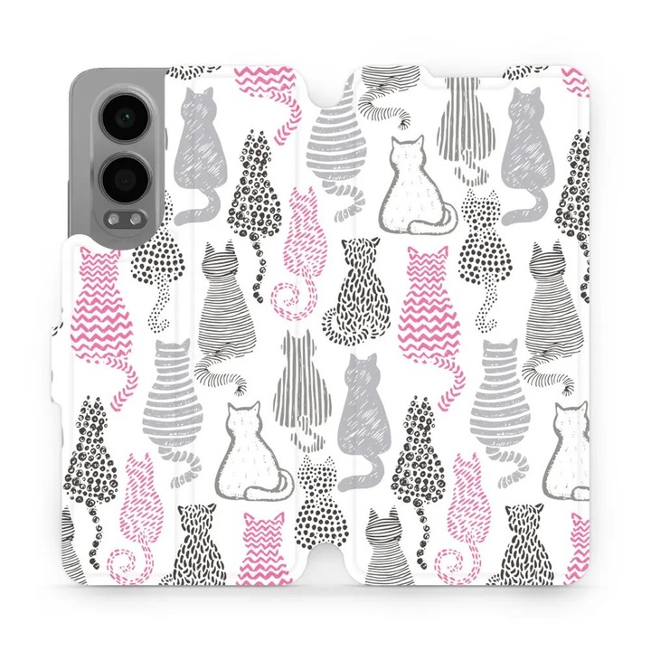 Mobiwear флип калъф за OnePlus Nord CE 4 Lite 5G, дизайн с котки, пълна защита, бял цвят