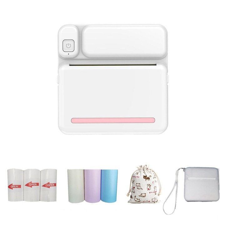 Imprimanta termica portabila Bluetooth 57mm, mini, fara cerneala, set cu 3 role de hartie colorata si 3 role de banda autocolanta, 110x80x30mm