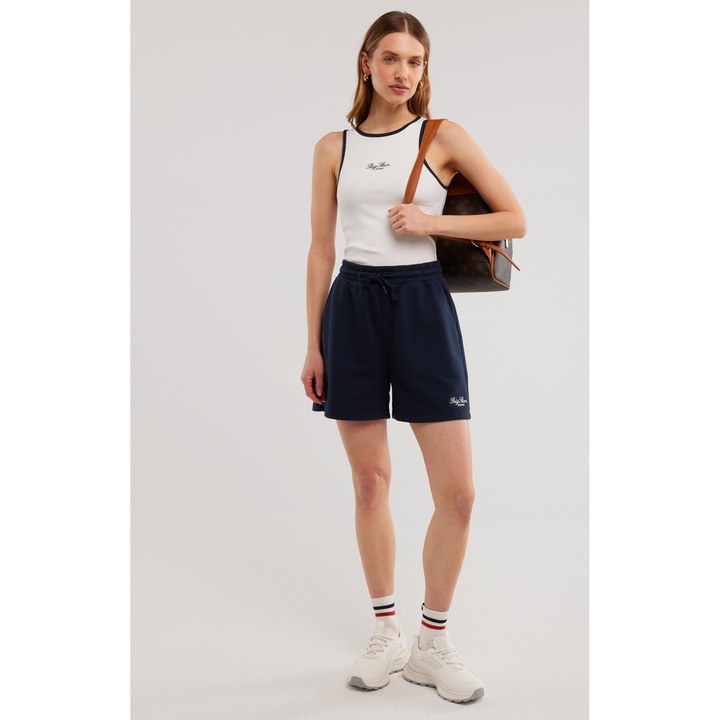 Pantaloni scurti dama, Big Star, bleumarin, din bumbac organic, cu broderie decorativa