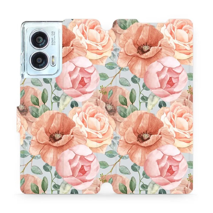 Mobiwear флип калъф за Motorola Edge 50 Fusion, дизайн на цветя, многоцветен, материал екологична кожа