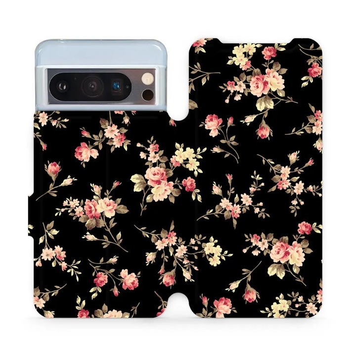 Husa flip Mobiwear pentru Google Pixel 8 Pro, design flori pe fundal negru, rezistent la socuri si zgarieturi, dimensiuni 10x15x22cm