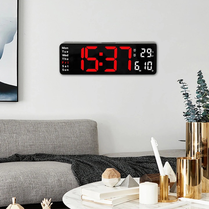YANYXR nagy LED digitális falióra hőmérséklet dátum nap USB 35x7.5x4.5cm
