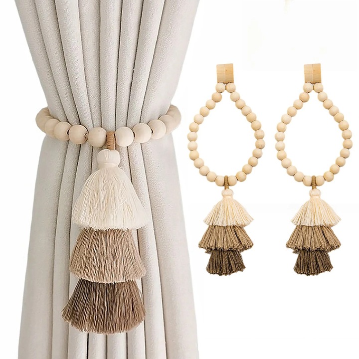 Set 2 accesorii perdea, margele lemn, maro, 2x panglici magnetice