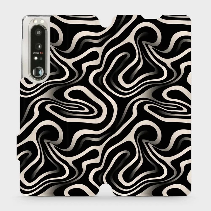 Mobiwear флип калъф, за Sony Xperia 1 III, елегантен дизайн, устойчив на удар и надраскване, черен/бежов