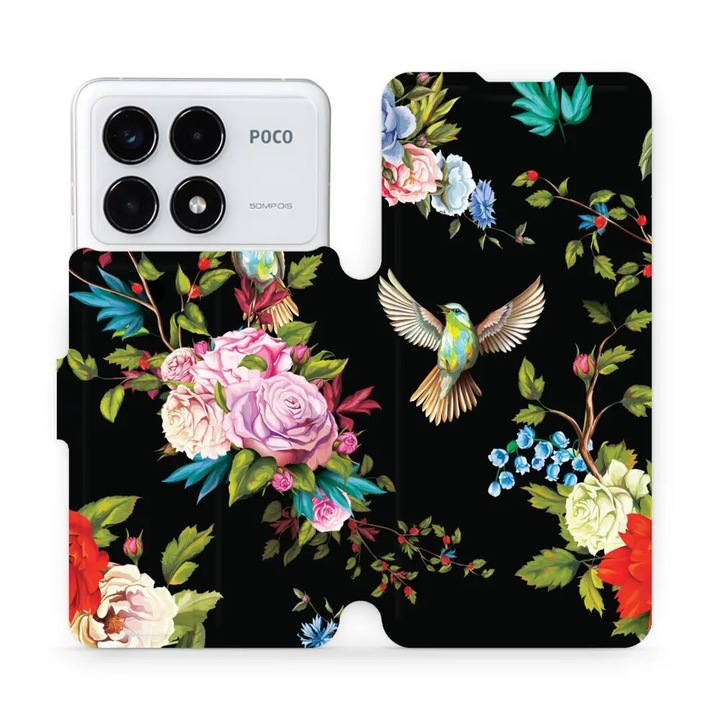 Husa flip Mobiwear pentru Xiaomi Poco F6 Pro 5G, design flori, multicolor, material ecologic