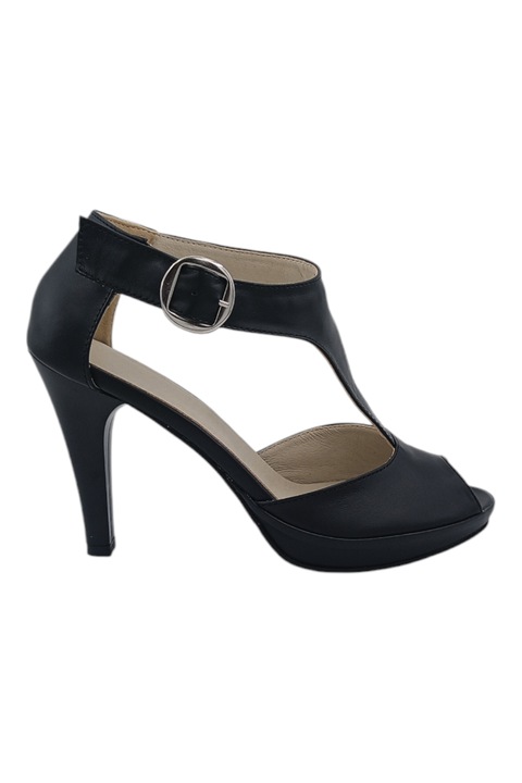 Sandale dama elegante, piele naturala, varf decupat, catarama lata, cu platforma, negru