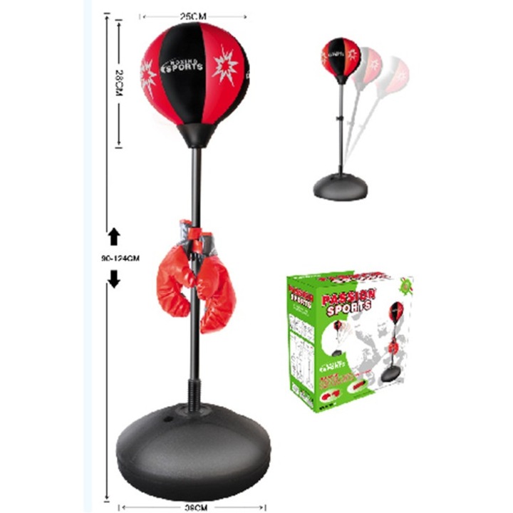 Gyermek boksz szett, stabil alappal, állítható 90–124 cm, kesztyű és pumpa mellékelve, fekete-piros