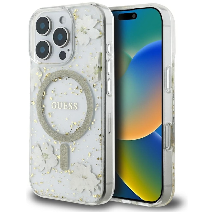 Калъф, Guess Resin Flowers Glitter Magnet за iPhone 16 Pro Max, бежови с мотиви