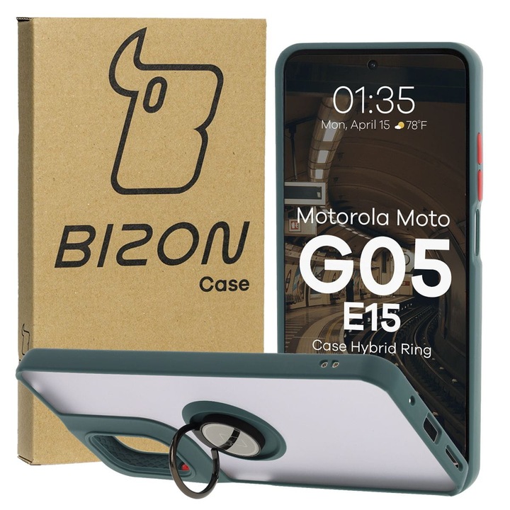 Калъф, Bizon Case Hybrid Ring за Motorola Moto G05 / E15, Оцветена с тъмнозелена рамка