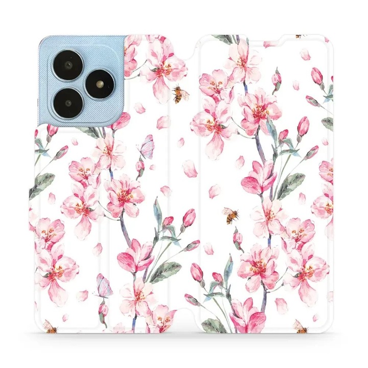 Mobiwear flip cover за Realme Note 50, розов на цветя, устойчив на удари и надраскване