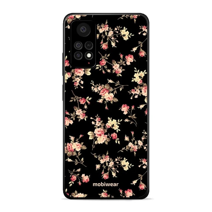 Калъф за телефон Mobiwear Glossy за Xiaomi Redmi Note 11 Pro 5G, дизайн на цветя на черен фон, пълна защита, пластмаса и TPU материал