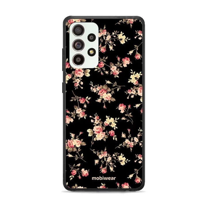 Mobiwear Glossy tok Samsung Galaxy A52S 5G telefonhoz, virágmintás fekete alapon, ütés- és karcálló, műanyag