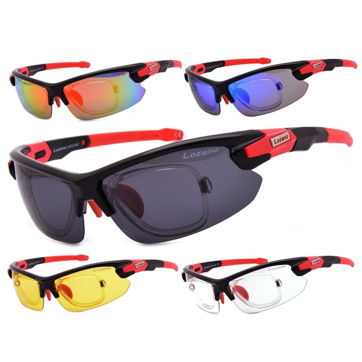 Ochelari sportivi Lozano, set 5 soclzewek, polaryzare, UV 400, negru + rosu, dimensiuni 13.5x4.2cm