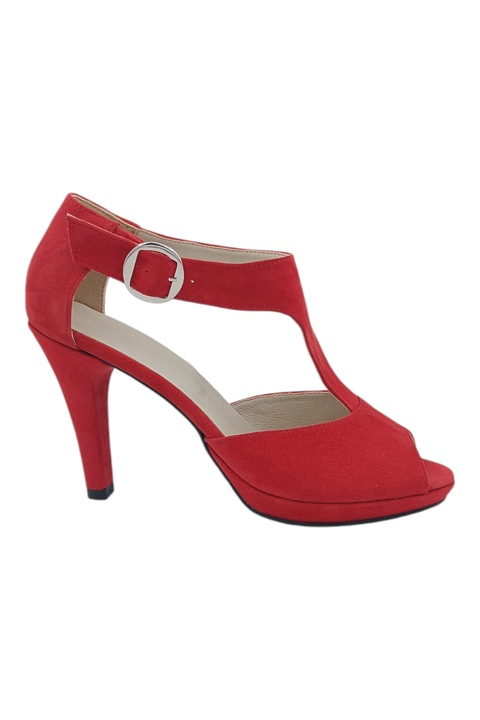 Sandale dama elegante, piele intoarsa, varf decupat, catarama lata, cu platforma, rosu