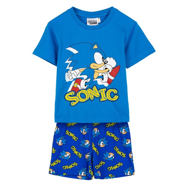 Pijama de vara cu maneca scurta din bumbac, Sonic Albastru 110 CM