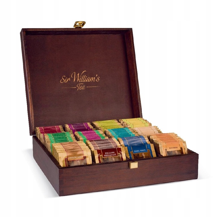 Cutie din lemn cu ceai Sir William's, 180 pliculete, 12 arome, multicolor